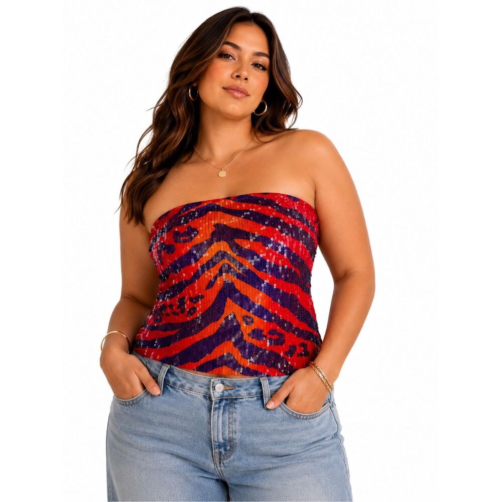 2B Bebe XL Red Sequin Animal Print Tube Top Y2K Strapless Party Clubwear NWT